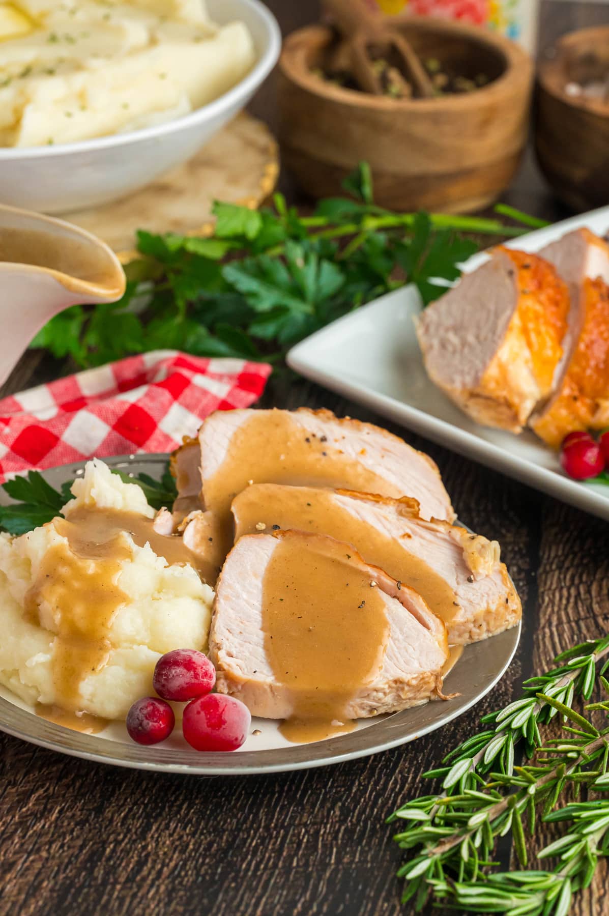 Gravy from drippings drizzled over slices of turkey and mashed potatoes