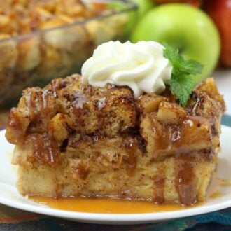 apple bread pudding on a white plate