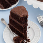 layered chocolate cake on a plate with a fork