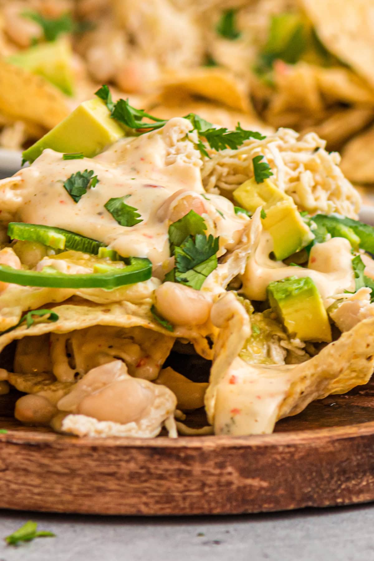 close up side view of chicken nachos