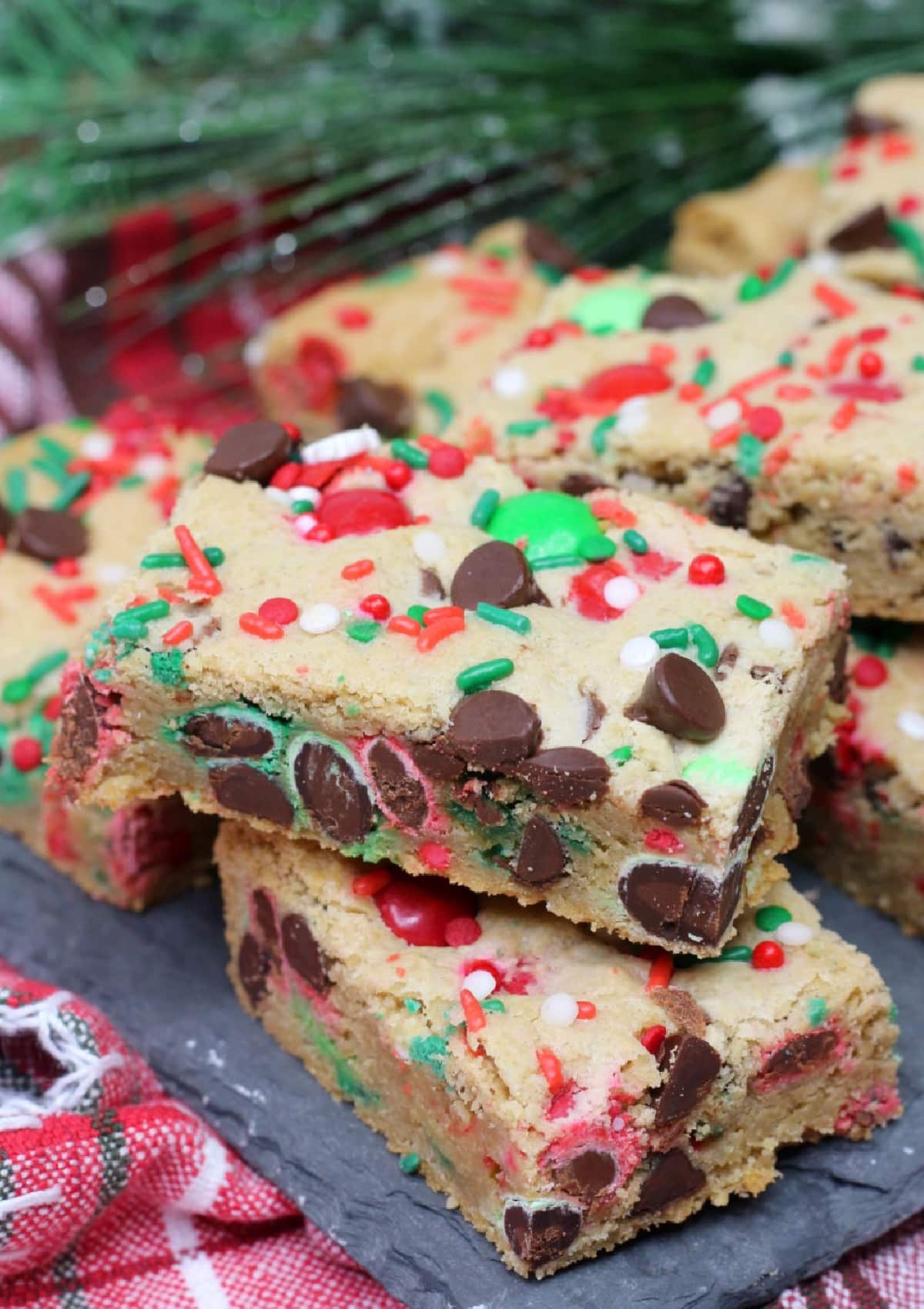 Christmas Cookie Bars on a patterned cloth.