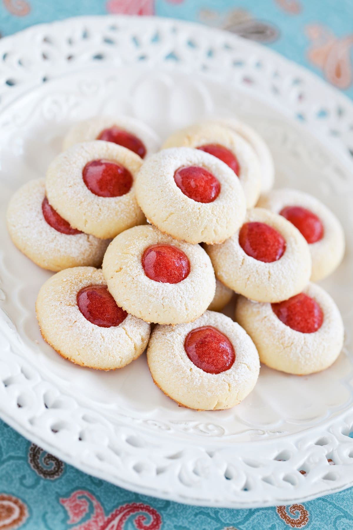 jam thumbprint cookies on a plate