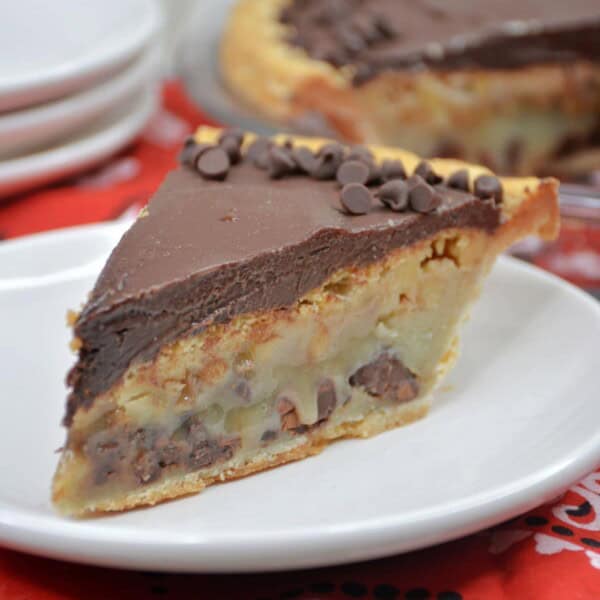 Kentucky Derby chocolate pie on a white plate