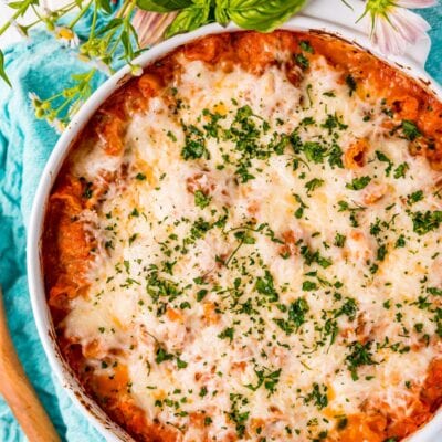 meatball pasta bake in a baking dish