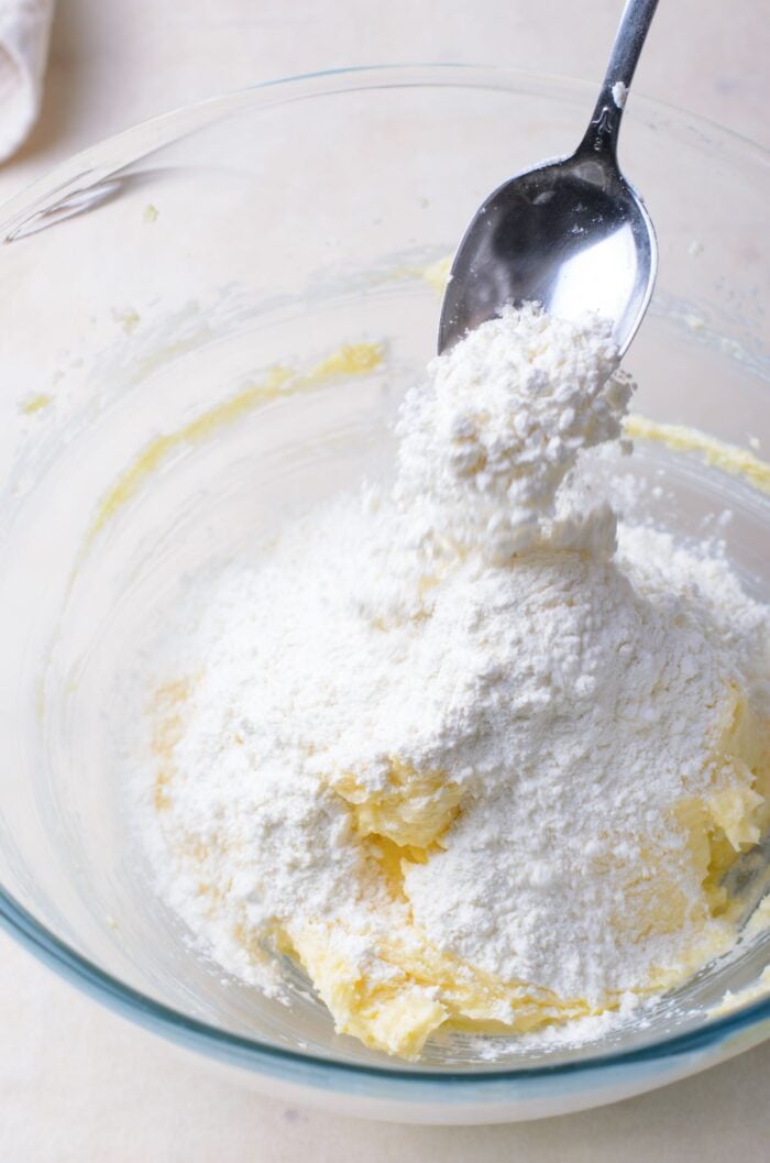 Ingredients to make Vanilla Meltaway Cookies including flour and butter