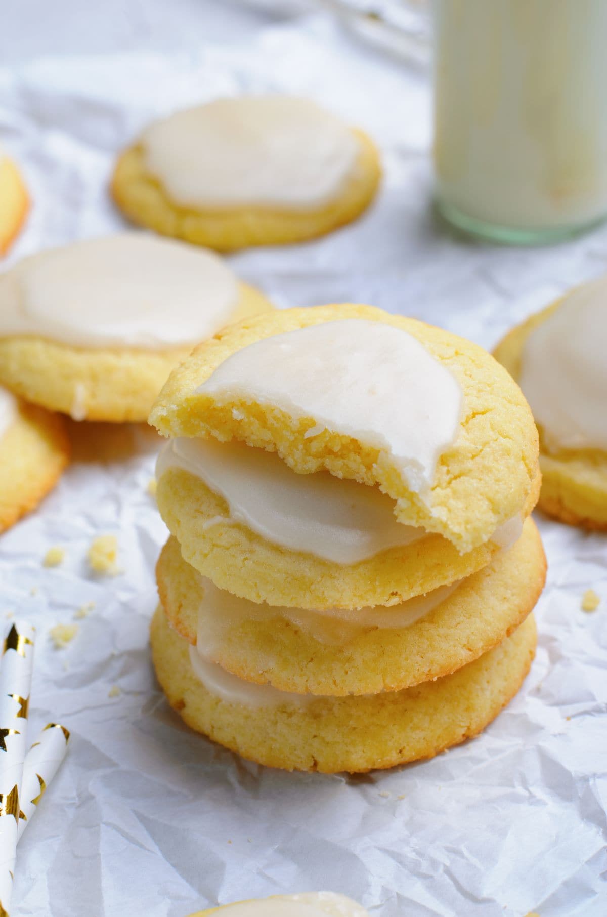 Vanilla Meltaway Cookies stacked on parchment paper
