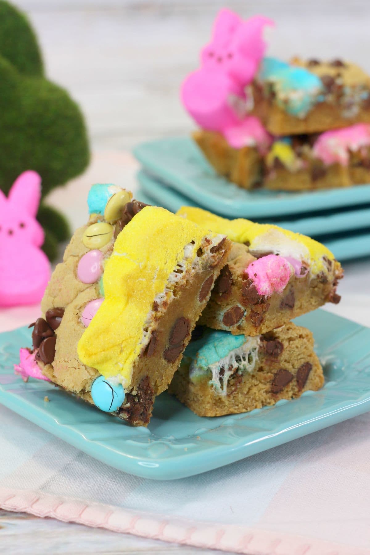 Easter Peeps Cookie Bars on a blue plate