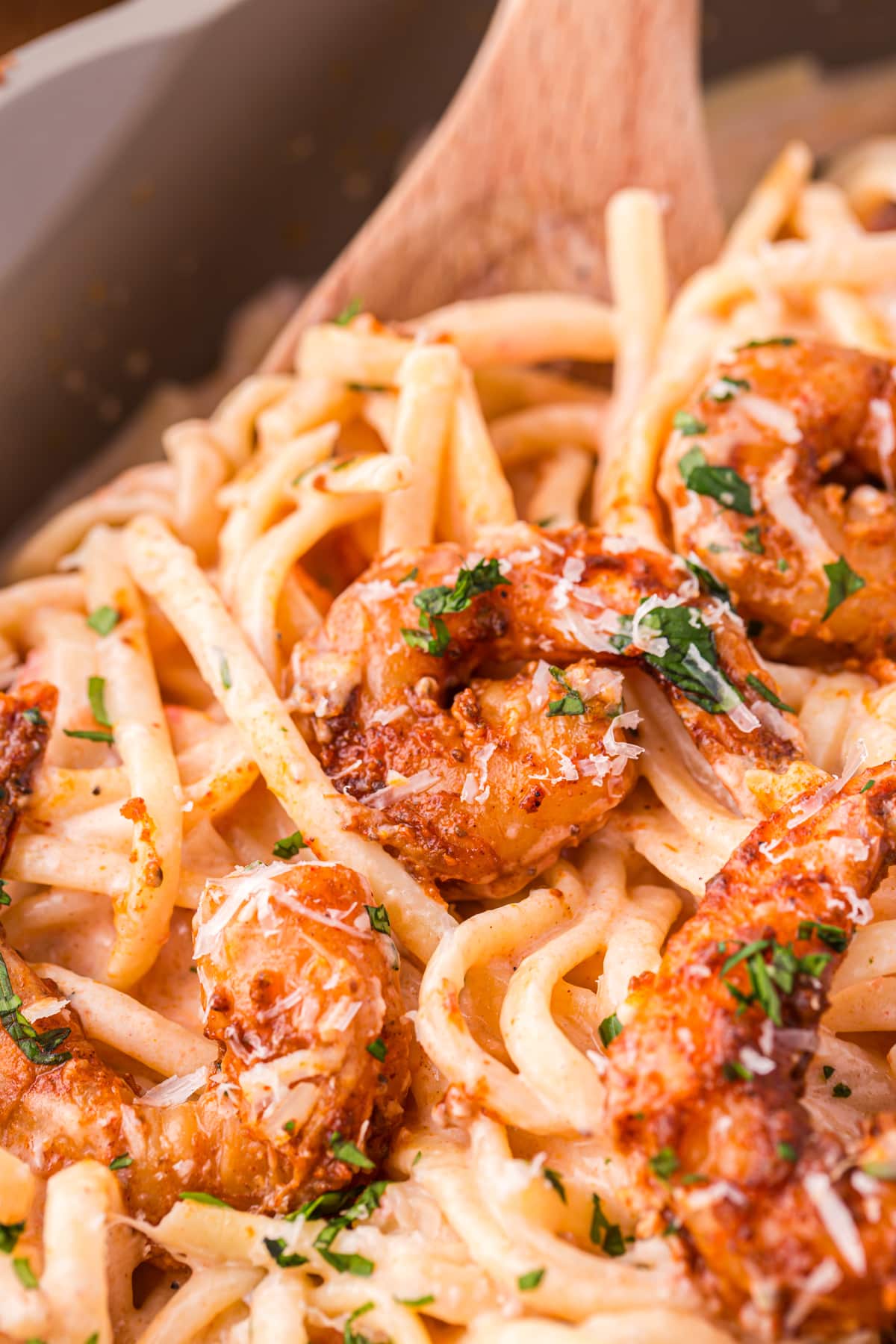 Close up of Cajun shrimp pasta