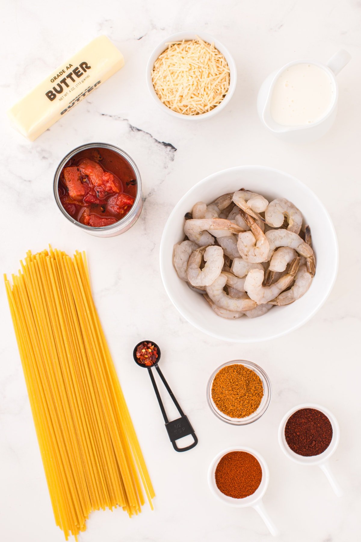 Overhead view of Cajun shrimp pasta