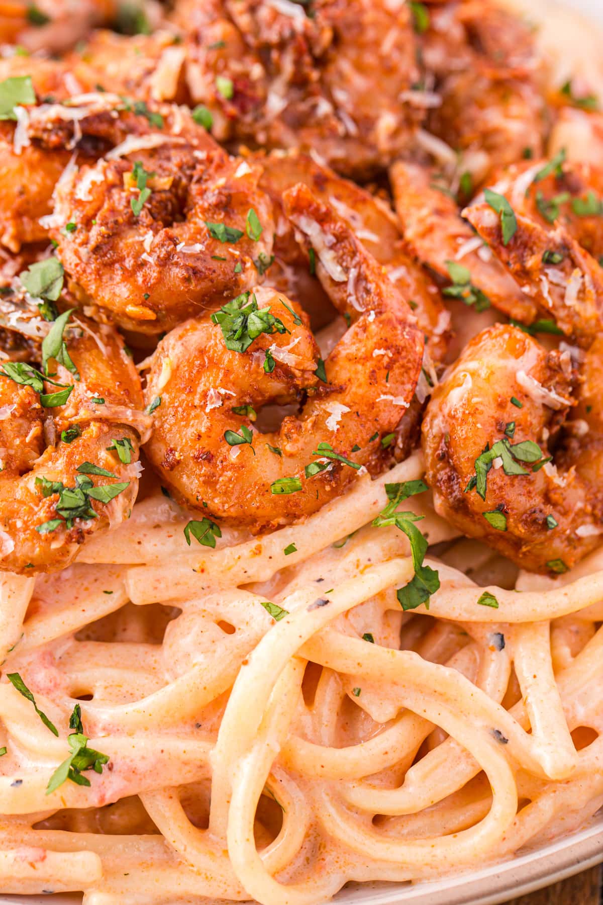 Close up of Cajun shrimp and pasta