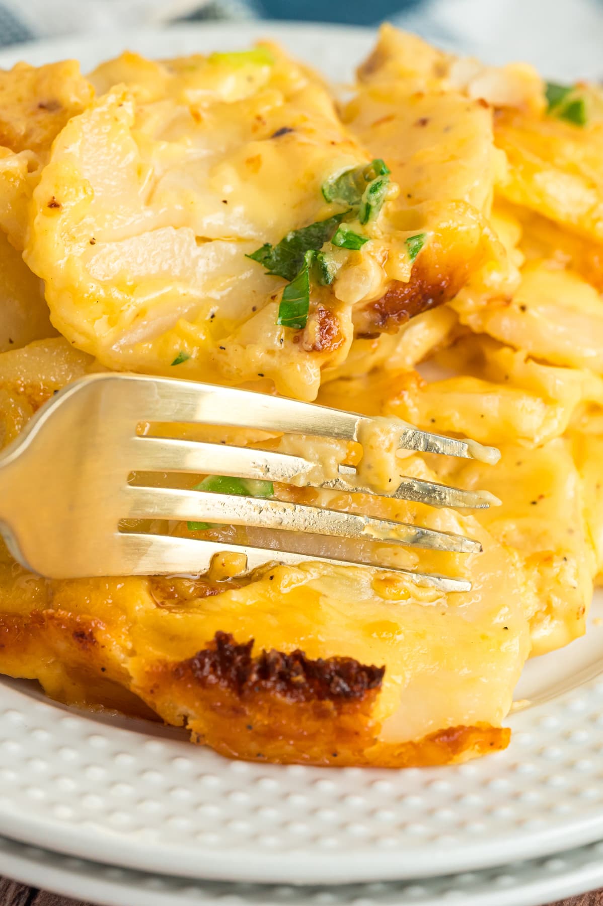 A fork digging into a serving of Cheesy Scalloped Potatoes.