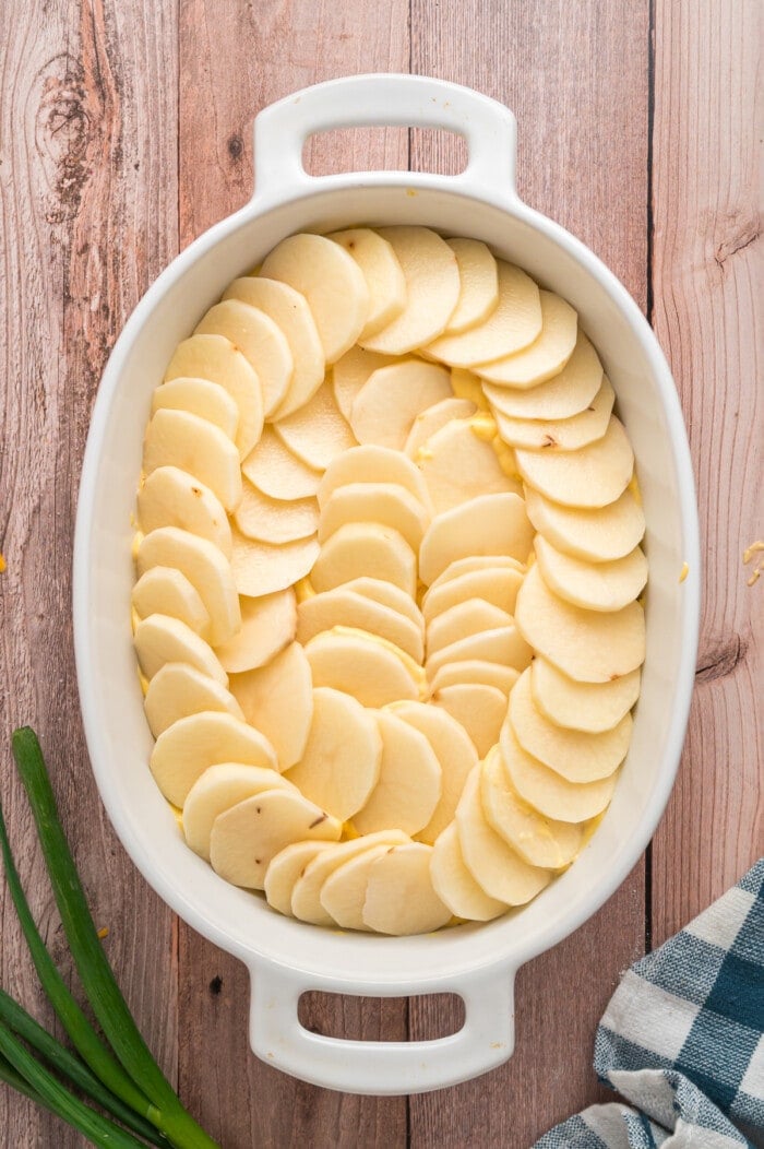 Sliced potatoes layered in a white baking dish 