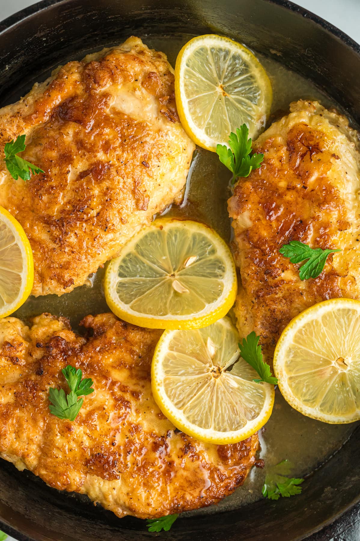 Overhead view of chicken breasts topped with slices of lemon