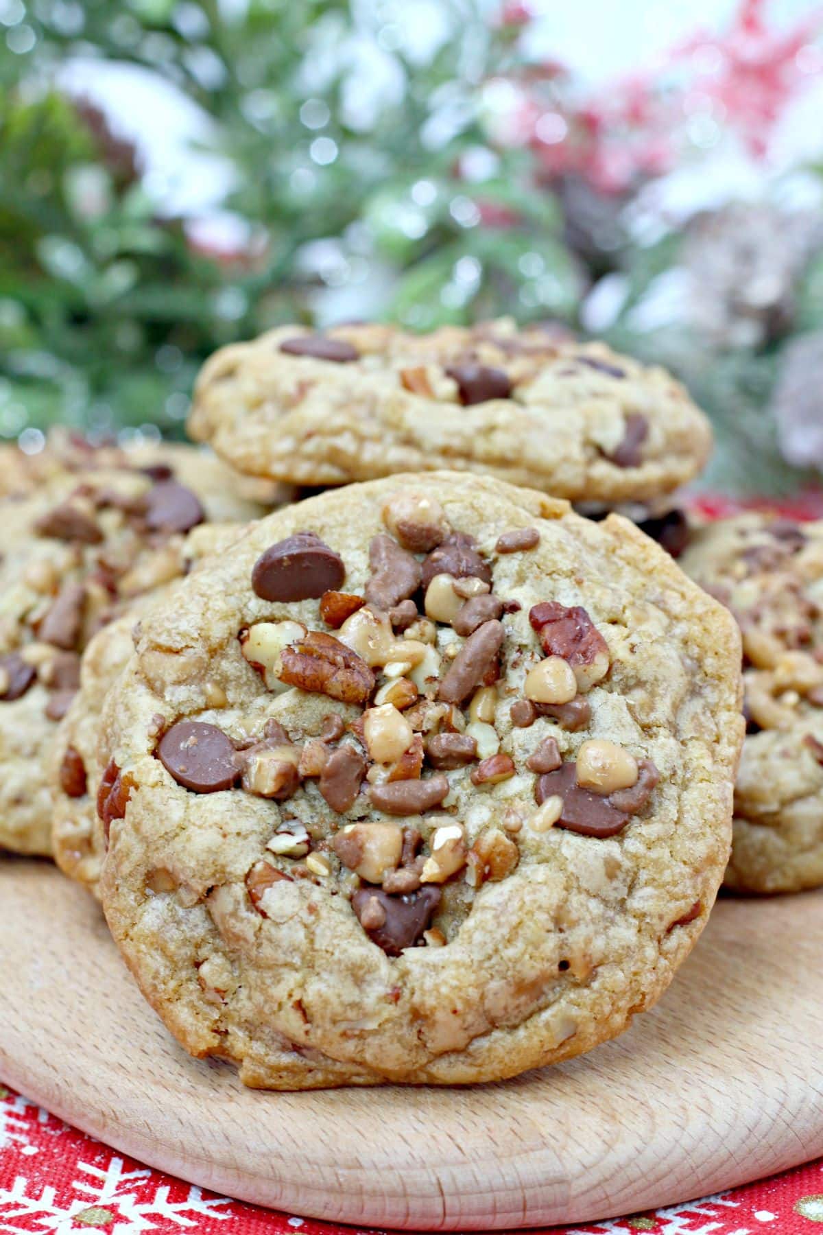 Up close image of one of the Chocolate Chip Toffee Pecan Cookies.
