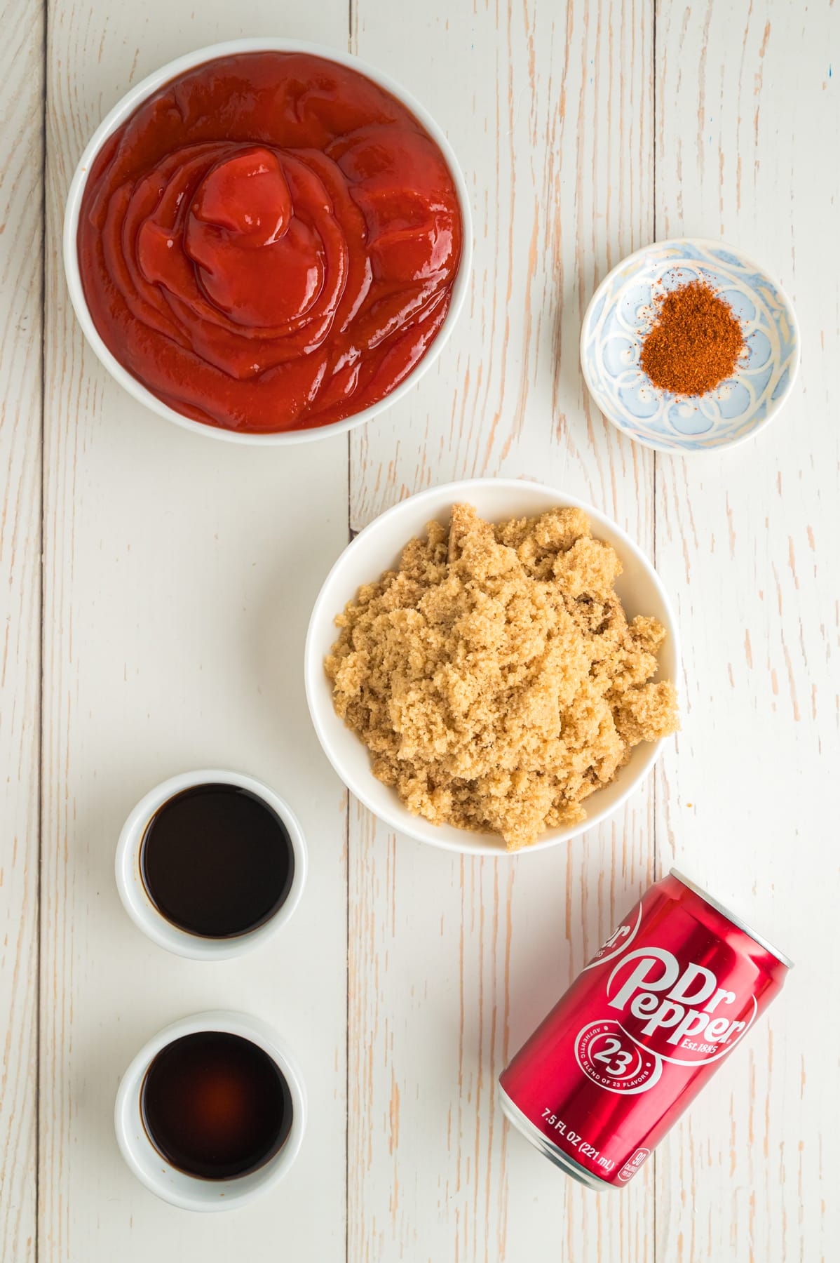 Overhead view of ingredients needed for Dr Pepper BBQ sauce
