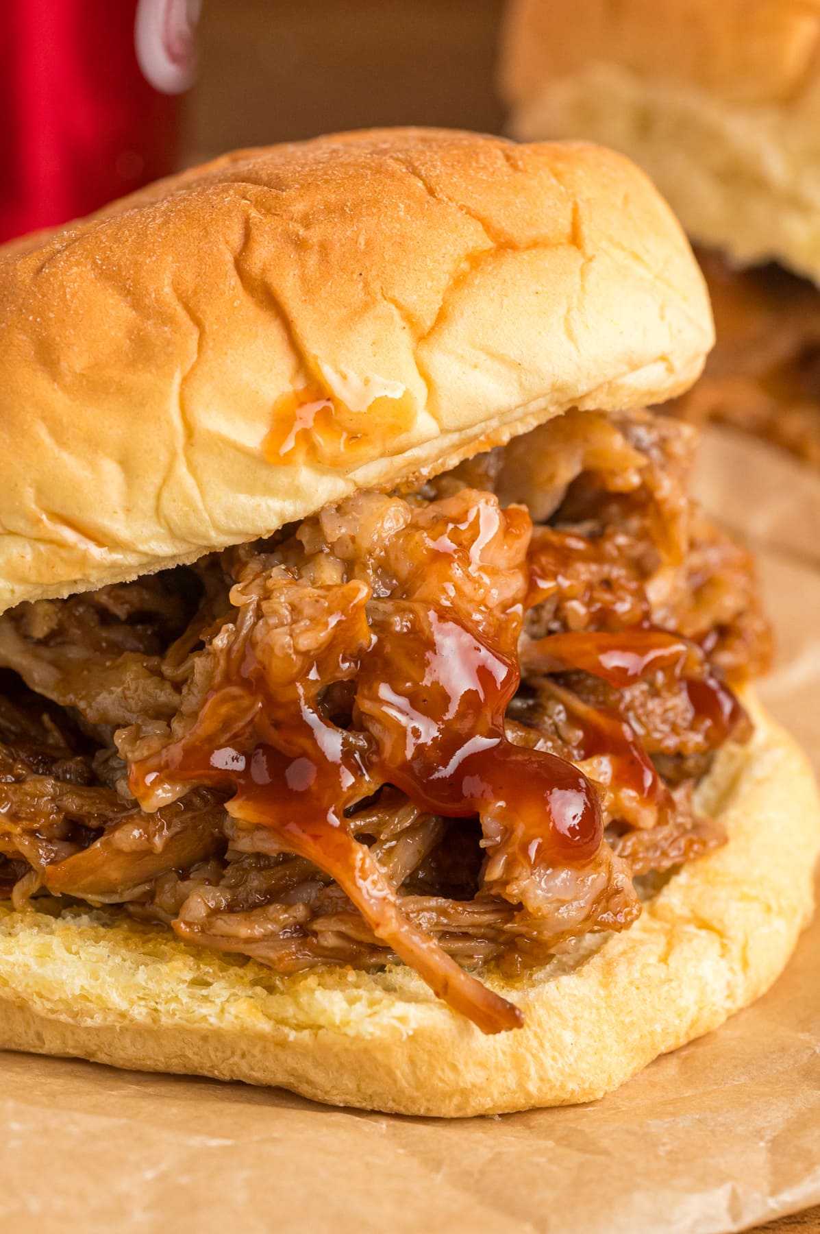 Close up of a Dr Pepper pulled pork sandwich