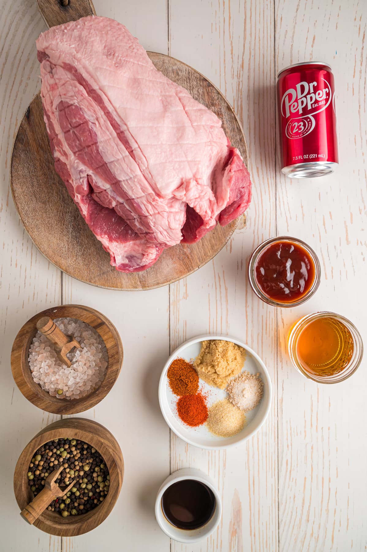 Overhead view of Dr Pepper pulled pork ingredients
