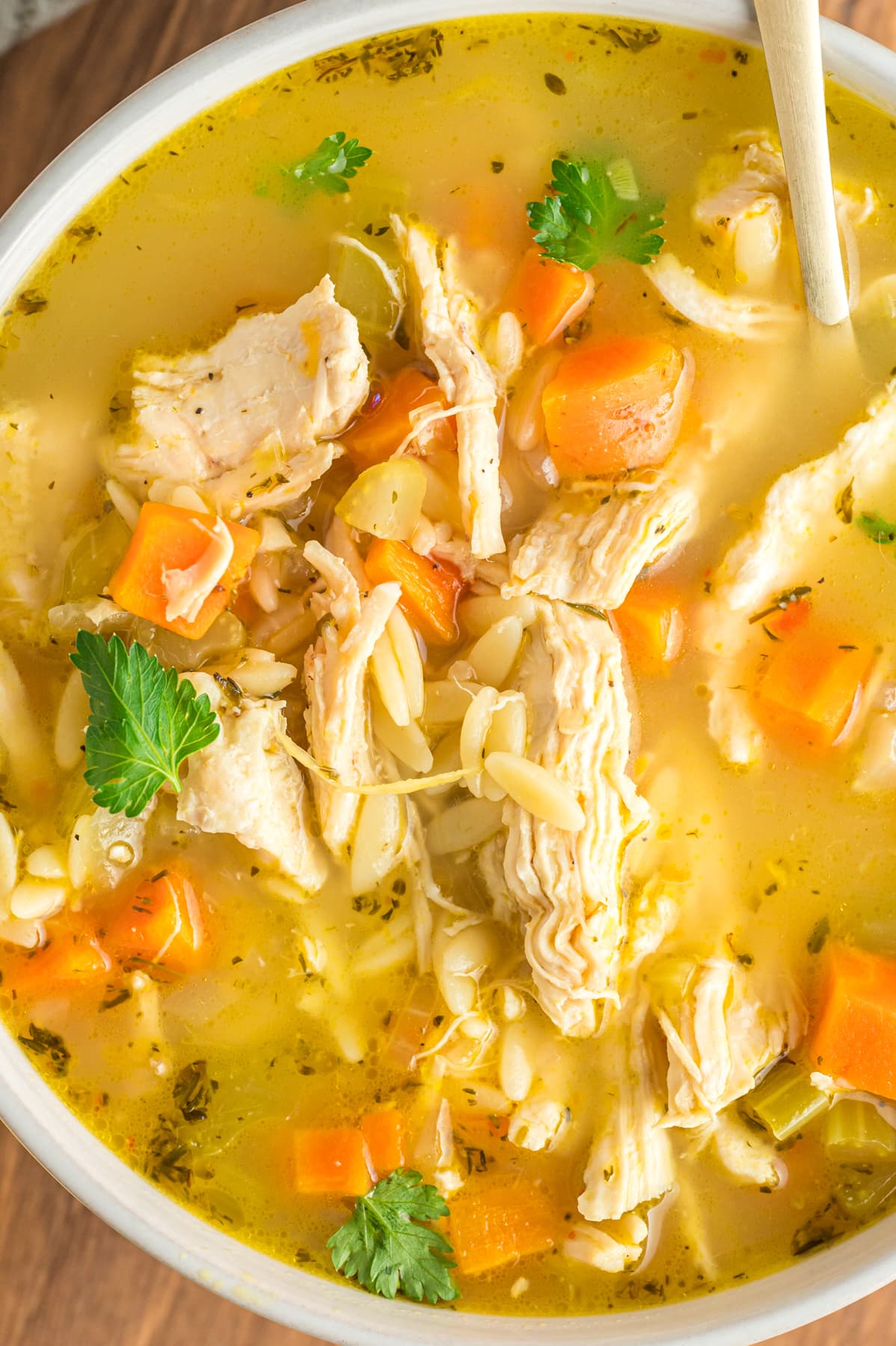Overhead view of a bowl of lemon chicken orzo soup