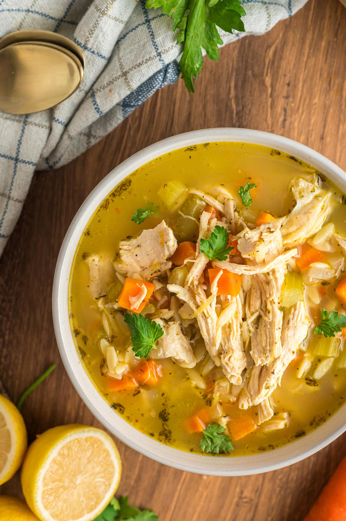 Overhead view of a bowl of chicken orzo soup with lemon