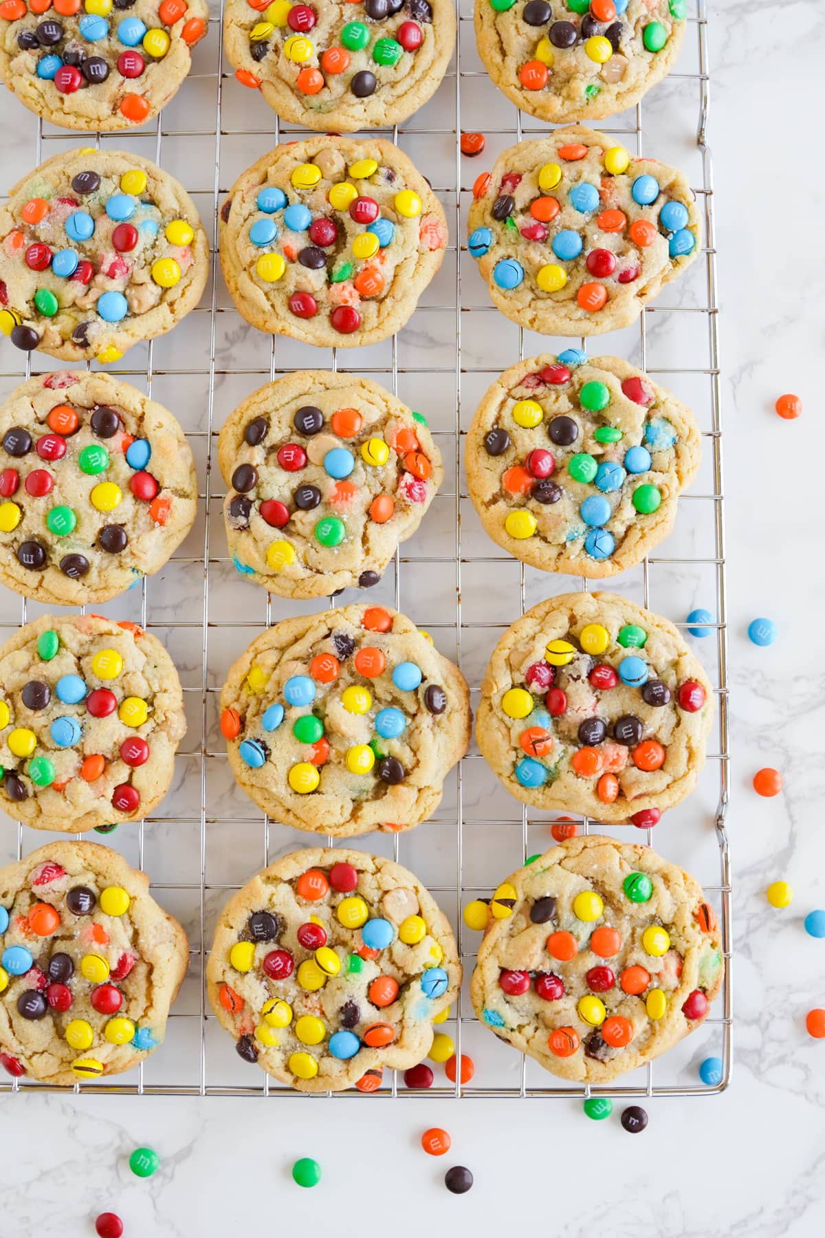 Peanut Butter M&M Cookies on a cooling rack.