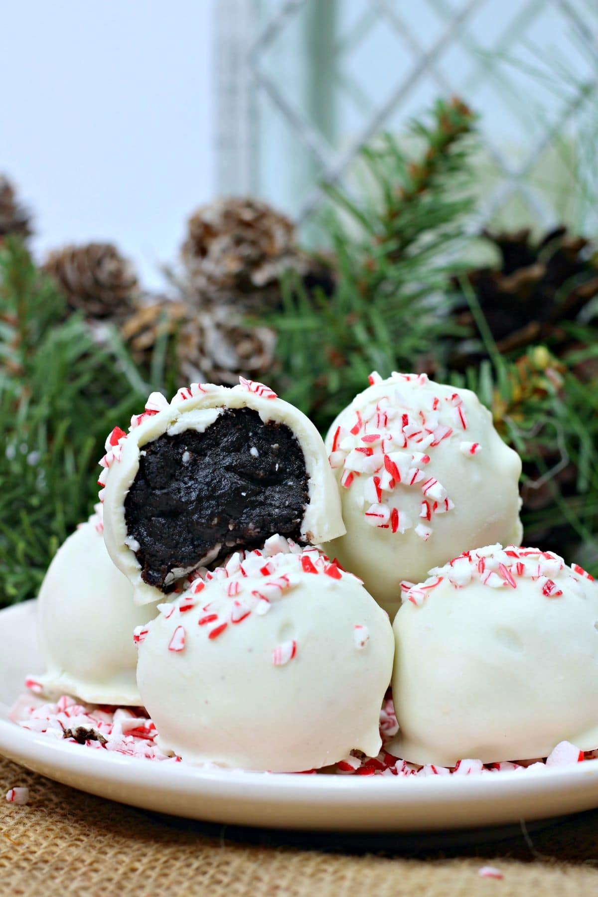 peppermint oreo truffles on a white plate