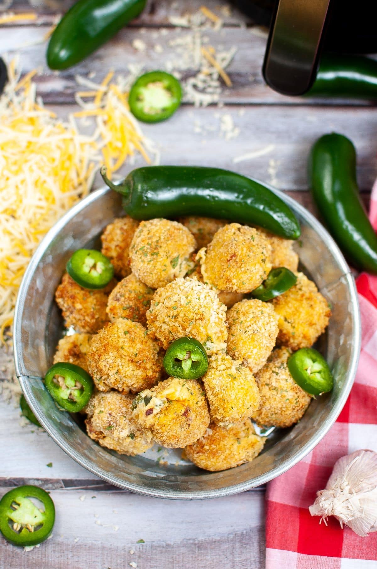 Air Fryer Jalapeno Popper Bites in a stainless bowl