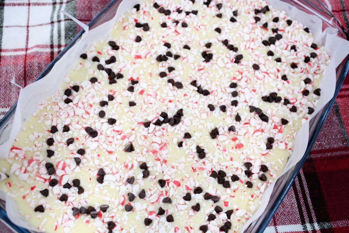 topping with chocolate chips and candy canes.