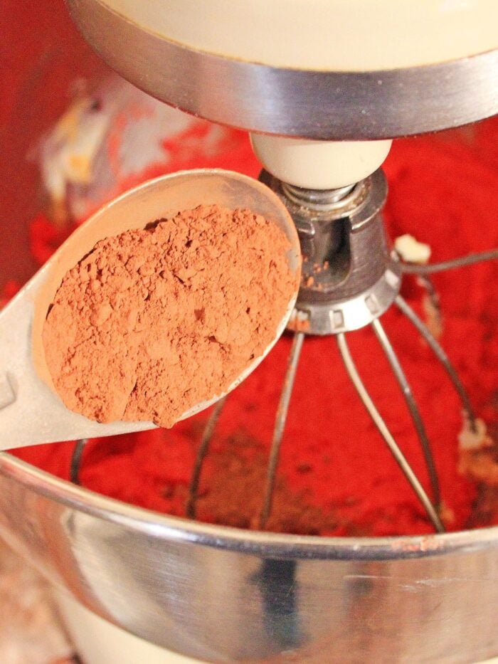 adding the cocoa to the red velvet batter