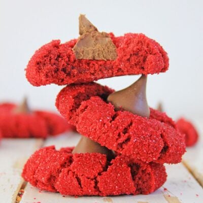stack of red velvet peanut butter blossom cookies
