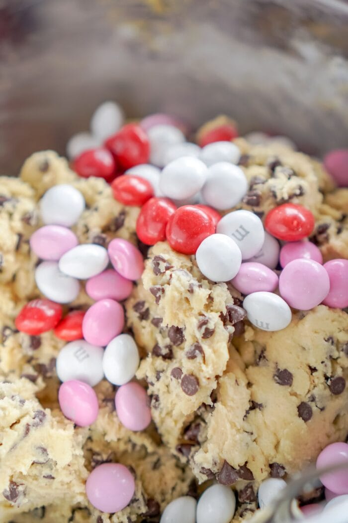 cookie batter with candies and chocolate chips