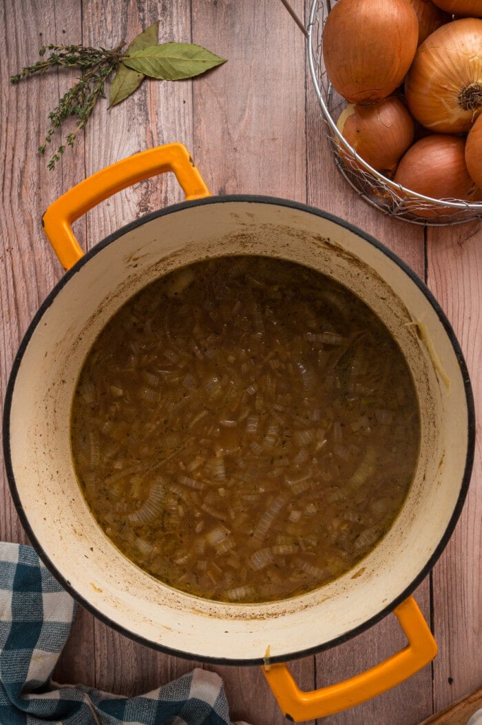 A pot of French onion soup