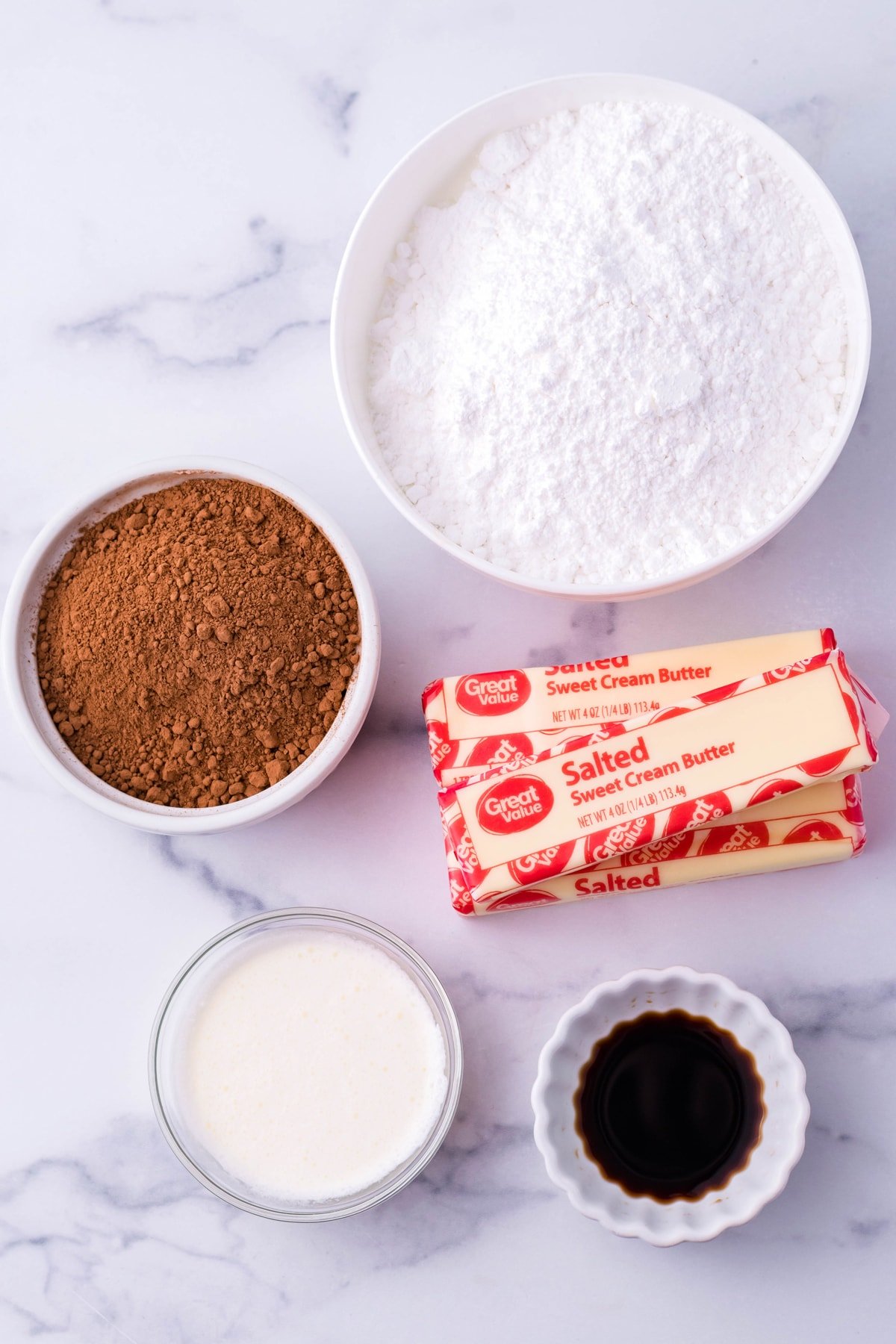 Ingredients needed for chocolate buttercream frosting