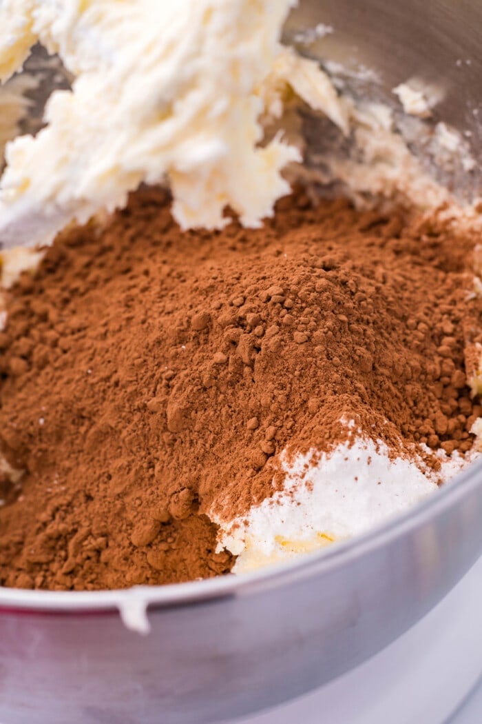 Cocoa powder added to creamed butter