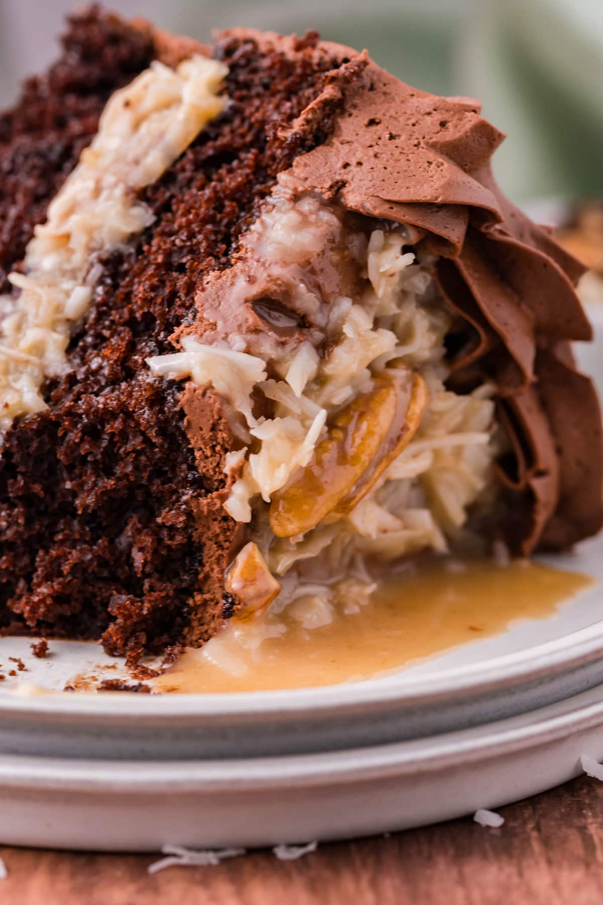 Close up of a slice of German chocolate cake on a plate