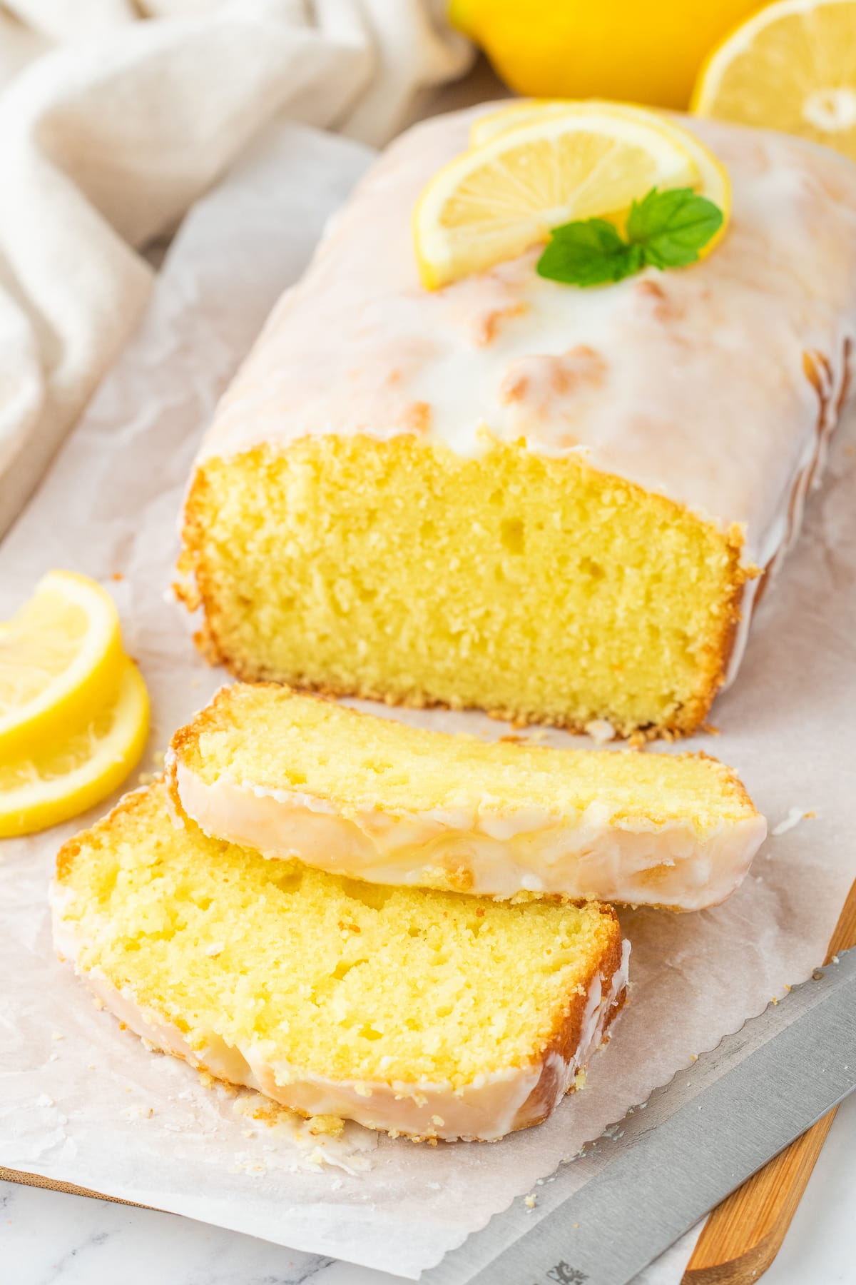 lemon pound cake with glaze sliced