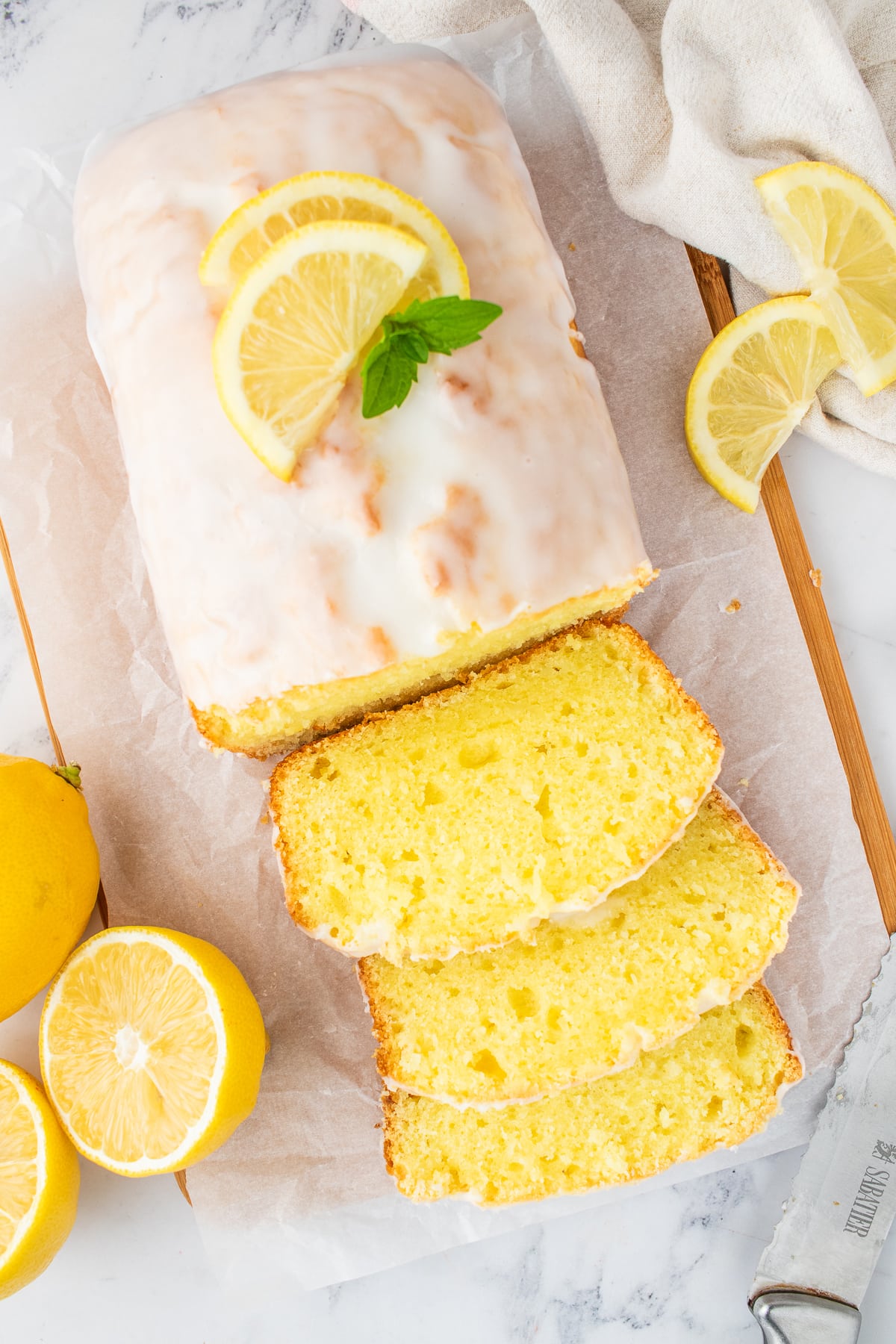 slices of lemon pound cake with glaze