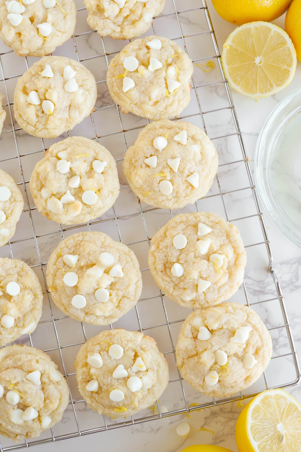 baked Lemon White Chocolate Cookies on wire rack