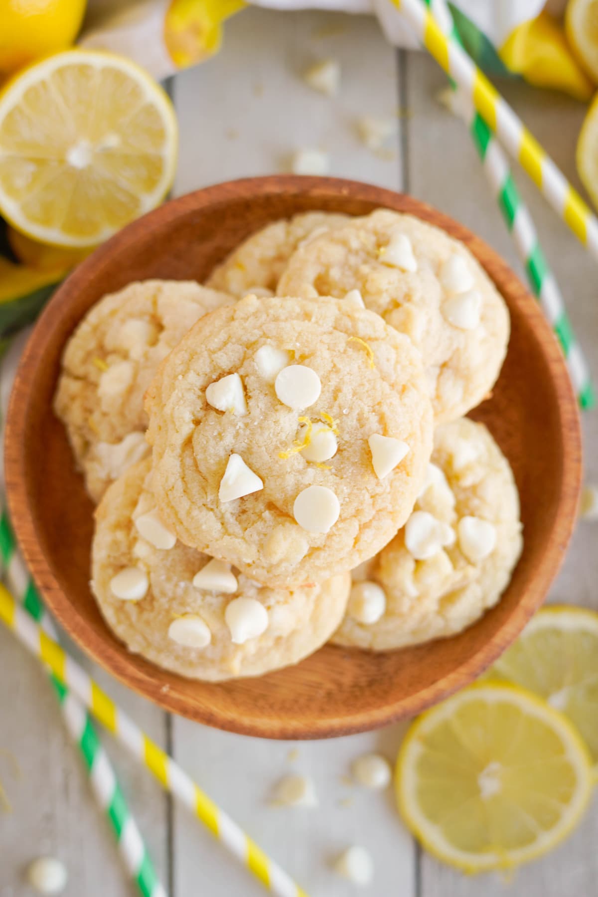 wooden bowl with Lemon White Chocolate Cookies