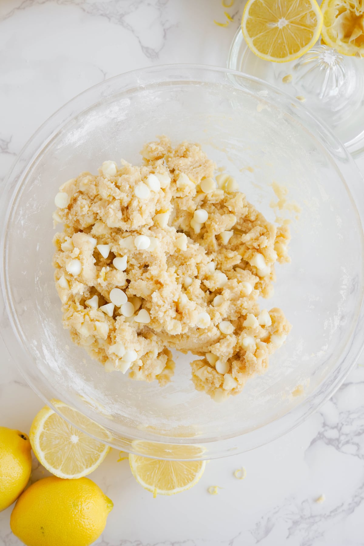 white chocolate chips mixed into batter for Lemon White Chocolate Cookies
