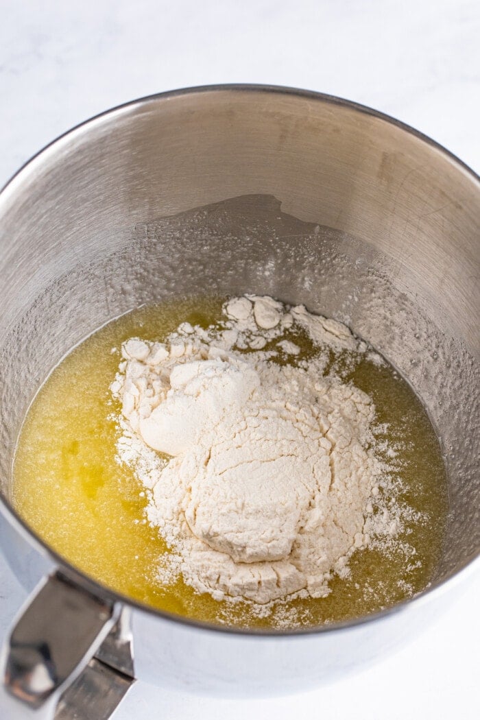 Mixing together the ingredients for a cupcake batter.