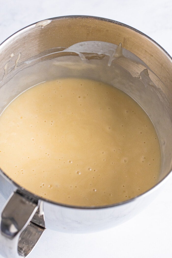Cupcake batter in a mixing bowl.