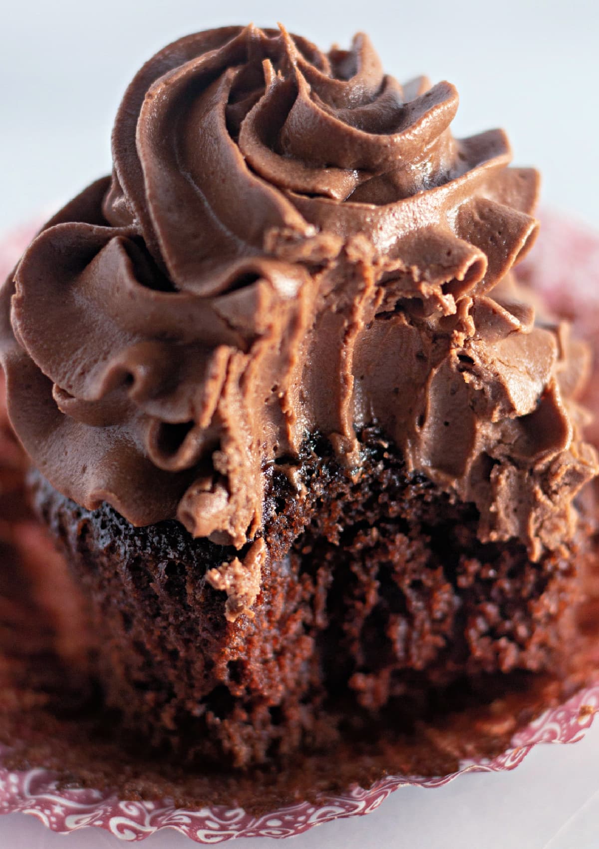 Frosted chocolate cupcakes with a bite taken out
