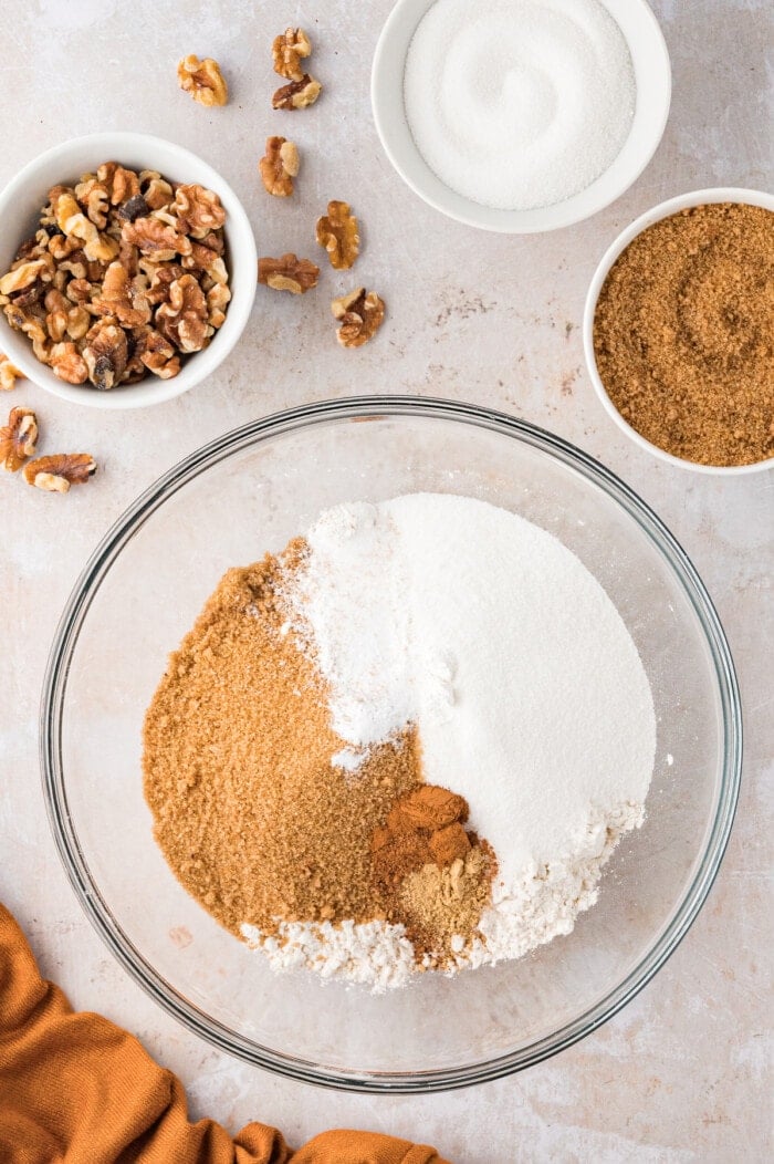 Dry carrot cake ingredients in a bowl