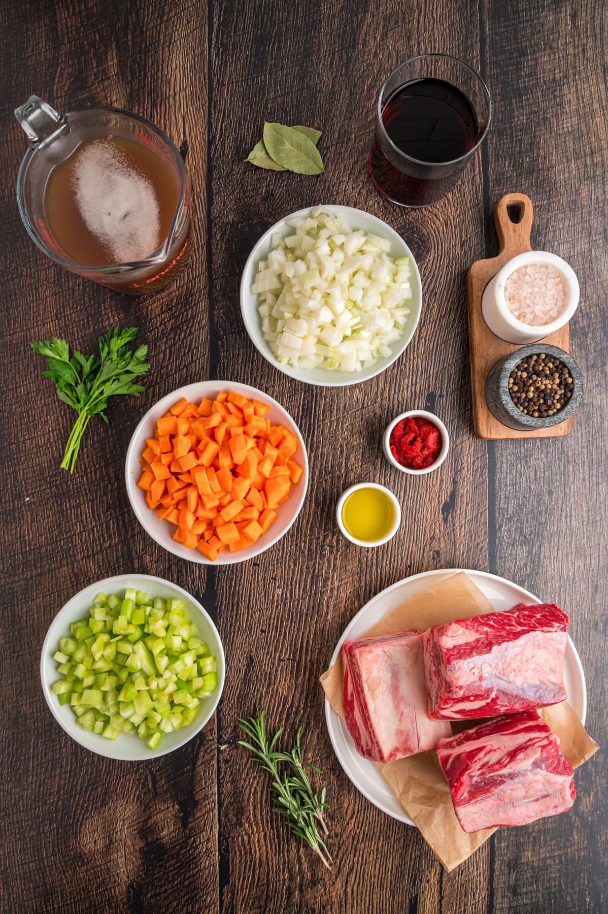 Overhead view of ingredients needed to make braised short ribs