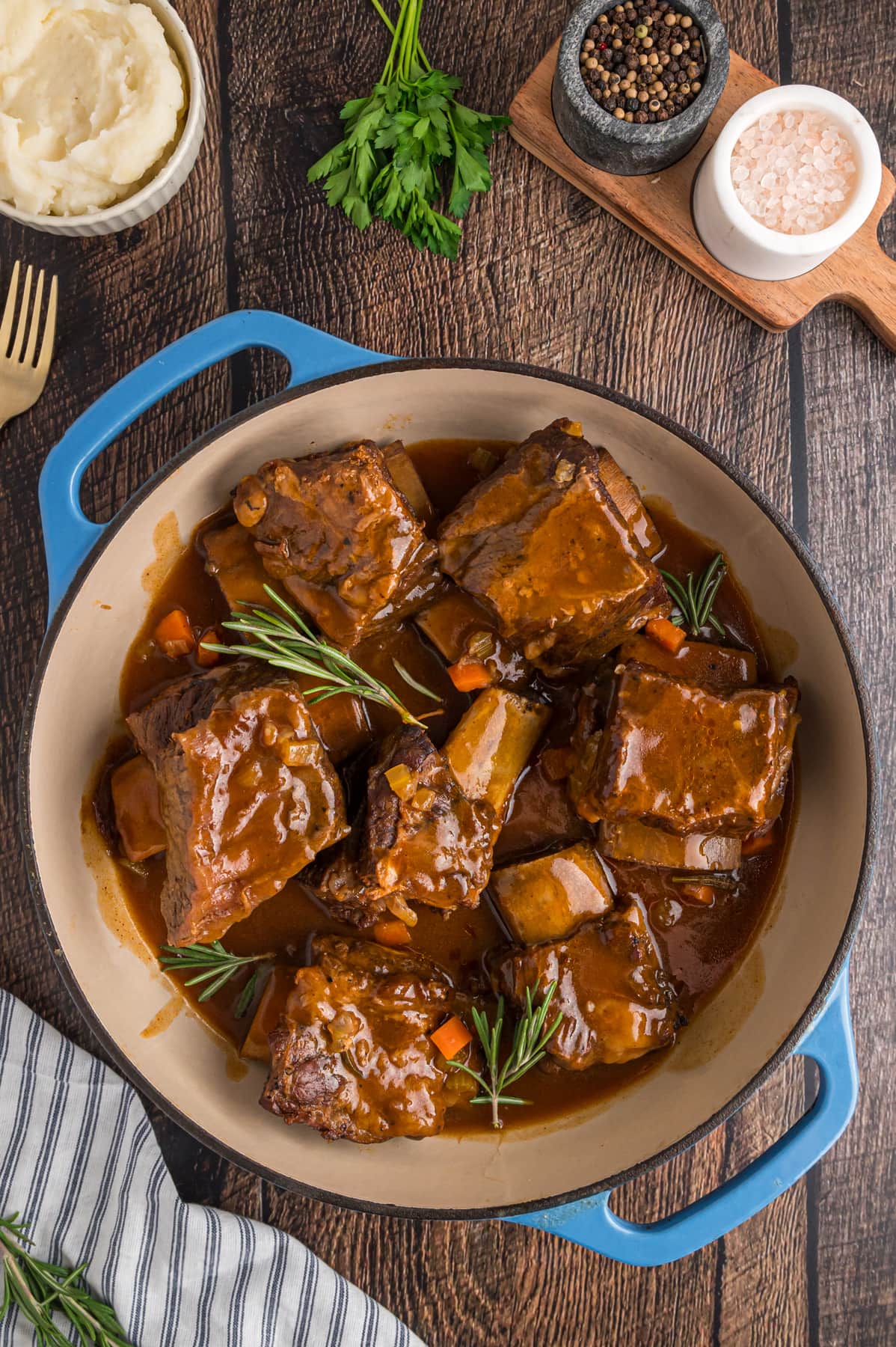 A pot of braised beef short ribs
