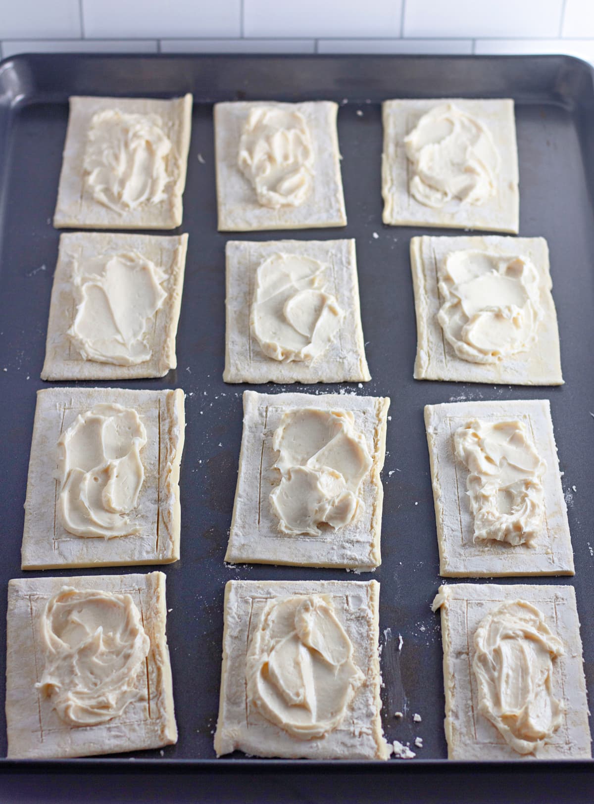 cream cheese mixture on puff pastry