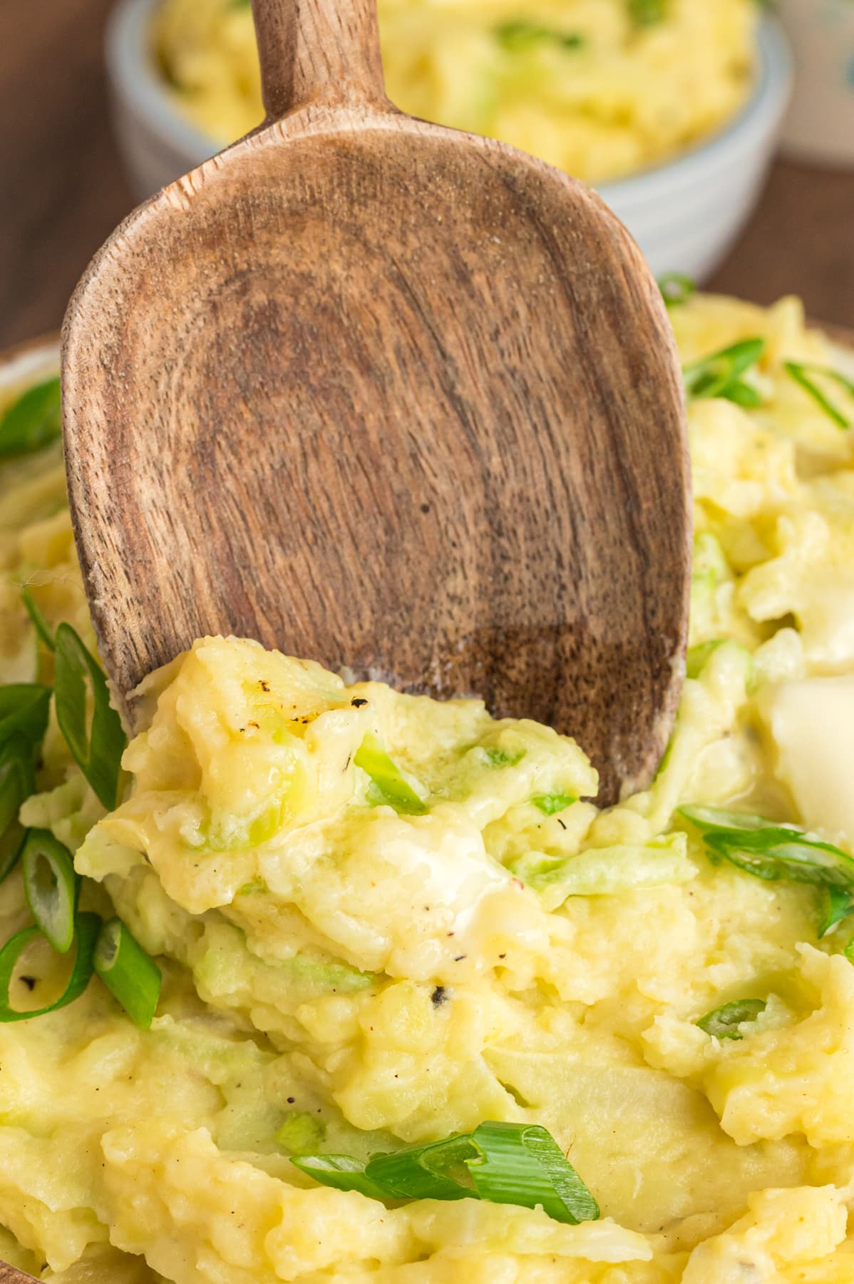 wooden spoon with colcannon Irish mashed potatoes