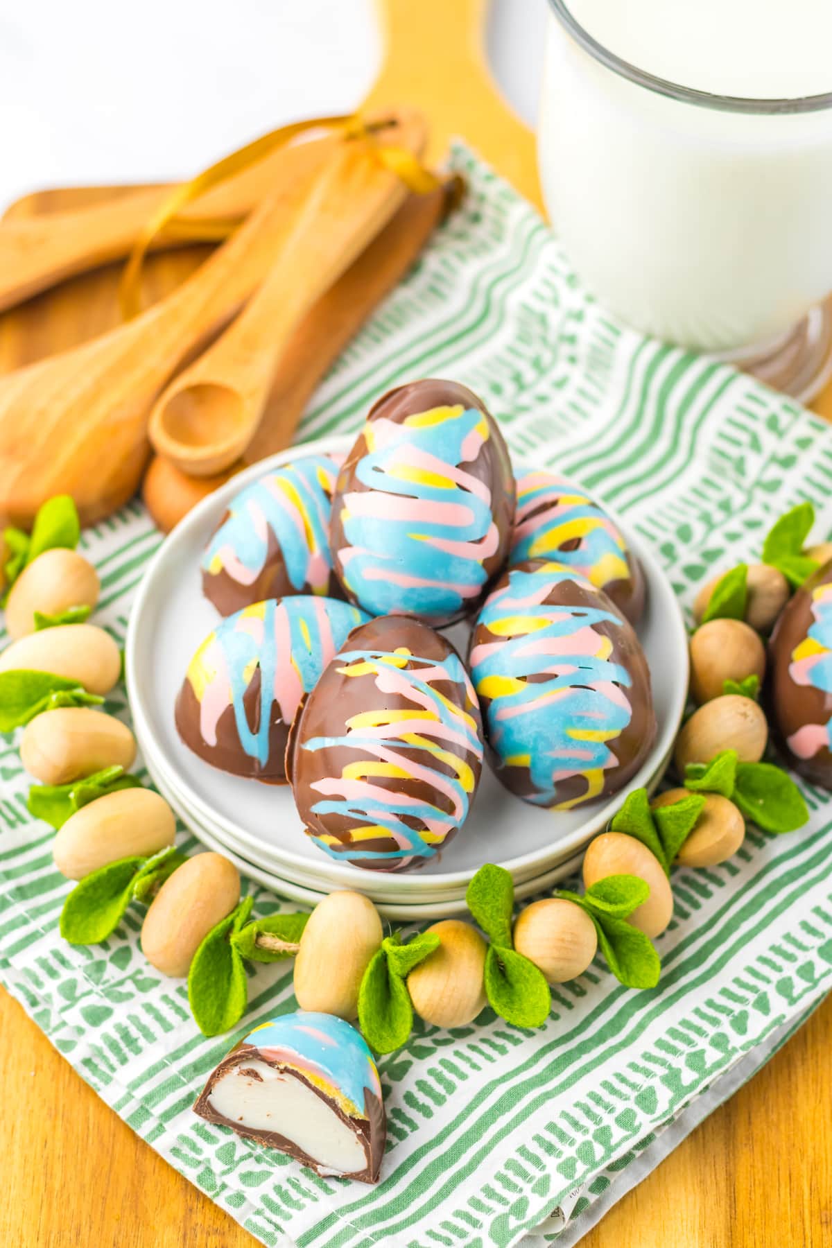 Easter marshmallow eggs on plate with one cut