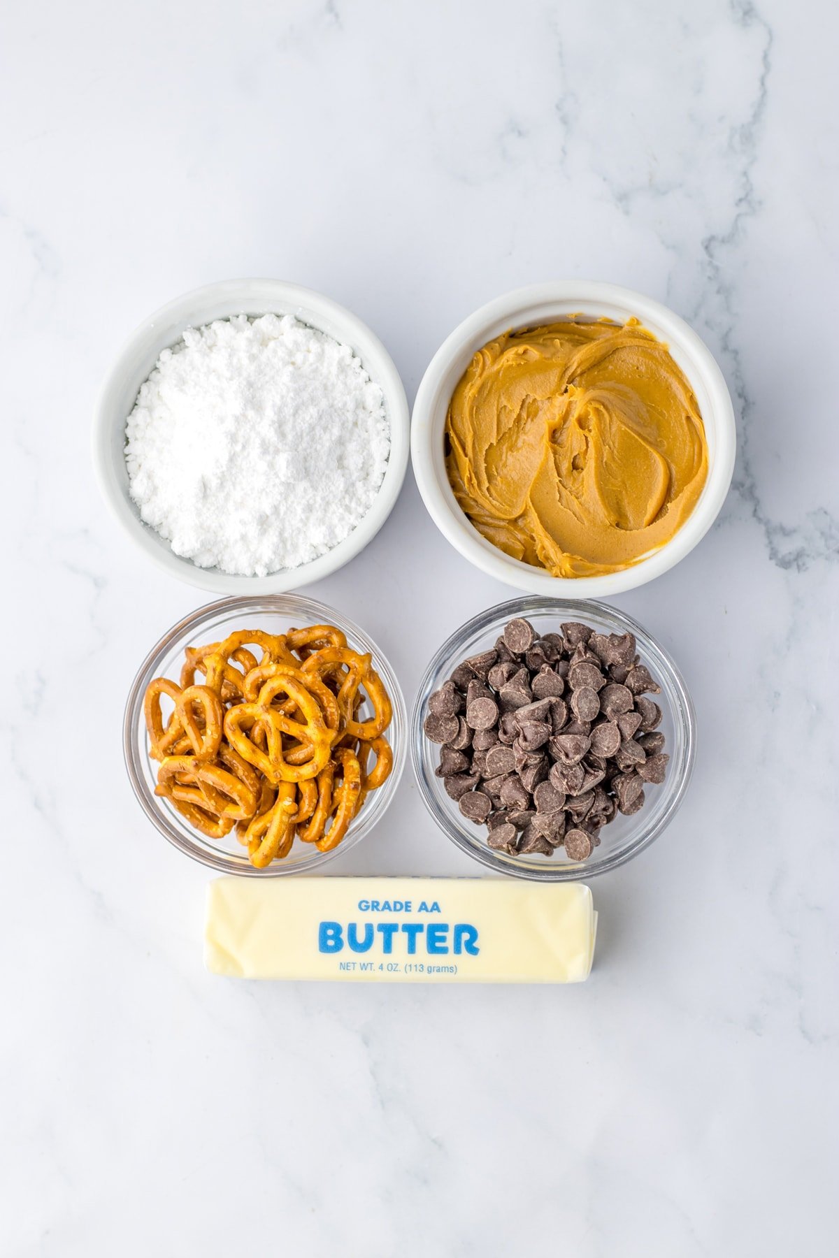 ingredients needed to make Peanut Butter Pretzel Bars