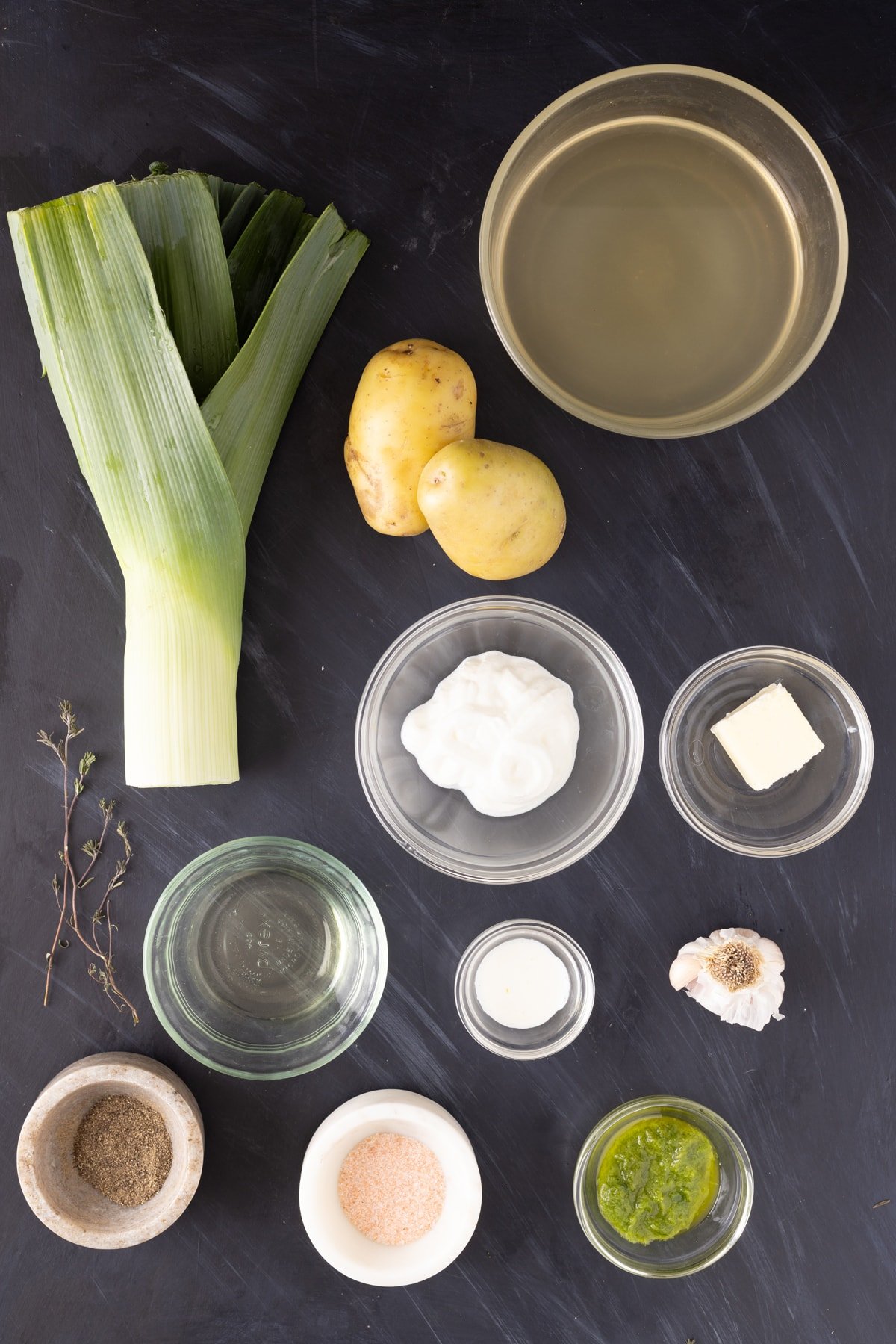 Overhead view of ingredients needed for potato leek soup